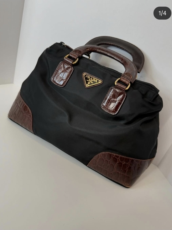 Prada Handbags - Authentic Vintage Prada Black Nylon Boston Bag with Croc-Effect Leather Trim